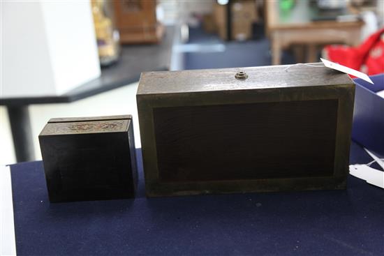 An early 20th century red boullework cigar box and a matching cigarette box, width 11in. and 4.5in.